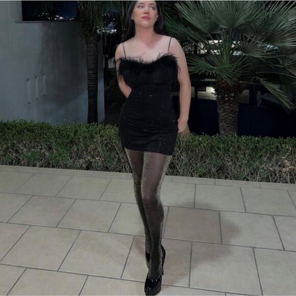 Zara Black Rhinestone Feather Mini Dress Stretch Fit Bodycon Size Small - Picture 10 of 12